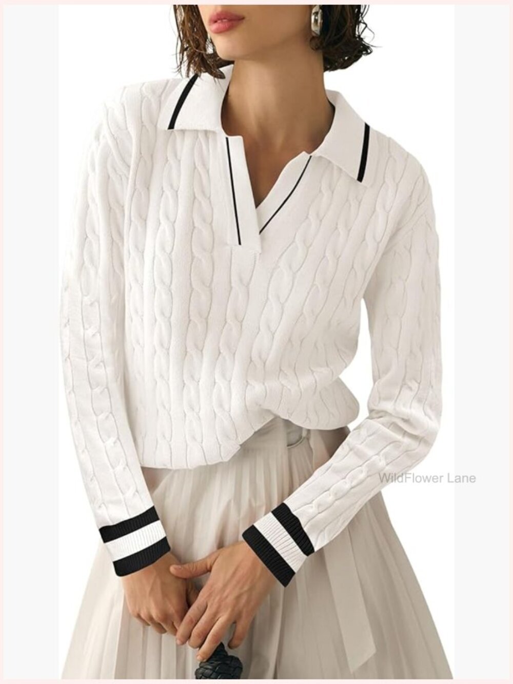 Women's Cable Knit V-Neck Pullover Sweater Long Sleeve Soft Jumper
